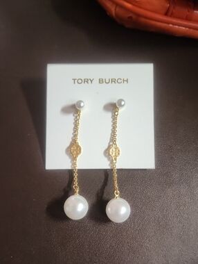 Tory Burch Gold Chain Pearl Drop Earrings Nwt